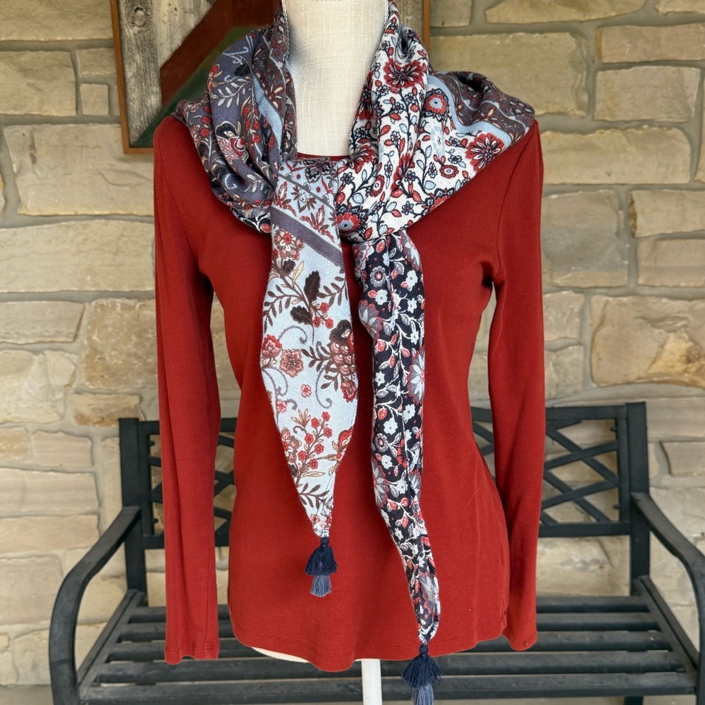 Elegant Floral Scarf in Blue and Rust